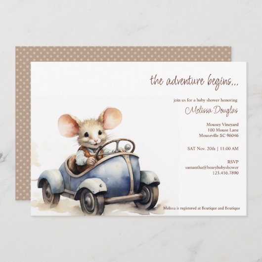 Cute Watercolor Mouse in Blue Car Baby Shower Einladung (Vorne/Hinten)