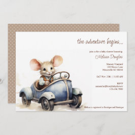 Cute Watercolor Mouse in Blue Car Baby Shower Einladung