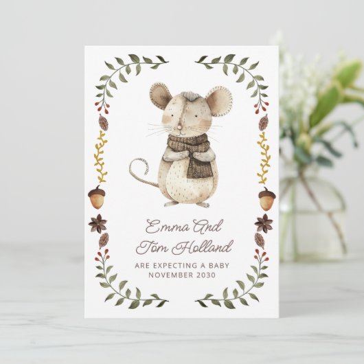 Cute Watercolor Mouse Pregnancy Announcement Ankündigung (Stehend Vorderseite)