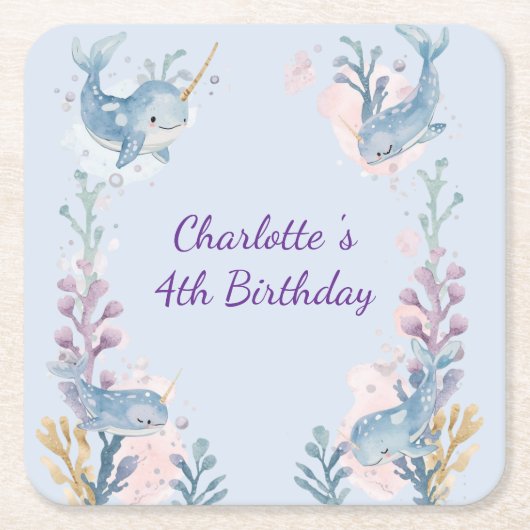 Cute Watercolor Narwhal Whale fish Seamless Sea  Rechteckiger Pappuntersetzer (Vorderseite)