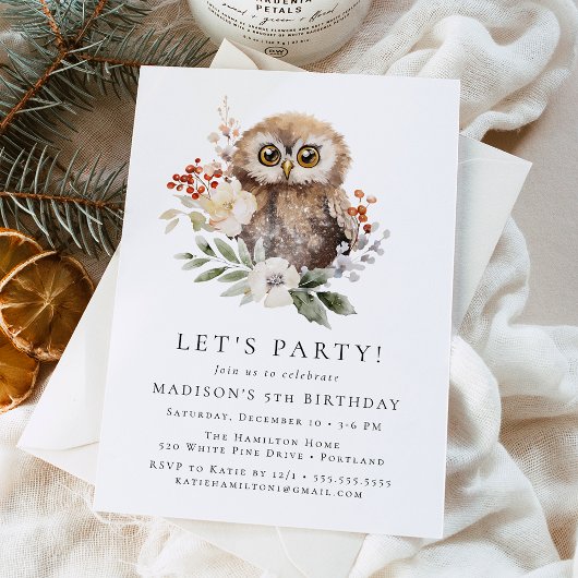 Cute Watercolor Owl Winter Birthday Party Einladung