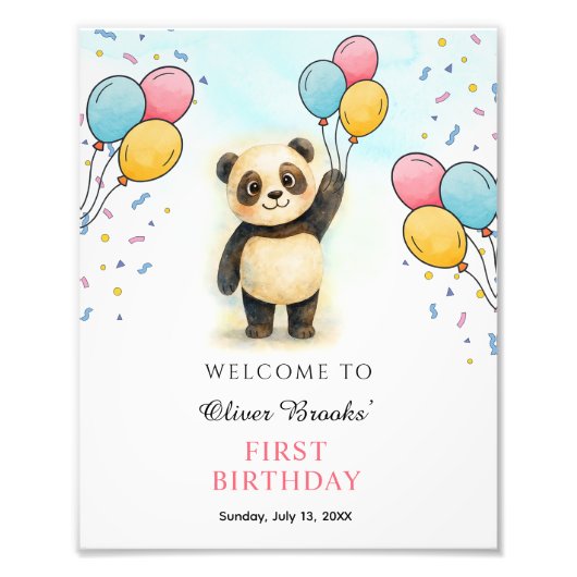 Cute Watercolor Panda 1st Birthday Party Poster (Vorne)