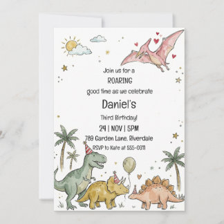Cute Watercolor Pastel Dinosaur Third Birthday Einladung