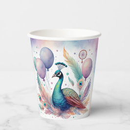 Cute Watercolor Peacock Balloons Birthday Pappbecher