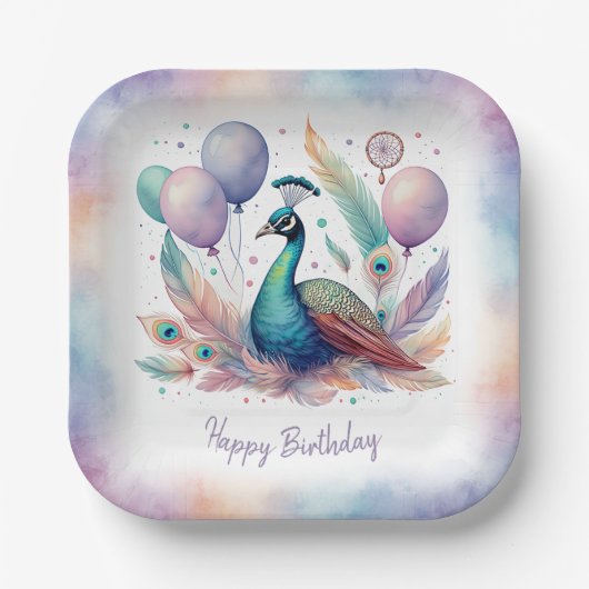 Cute Watercolor Peacock Balloons Birthday Pappteller (Vorderseite)