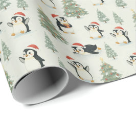 Cute Watercolor Penguins Christmas Forest Holiday Geschenkpapier