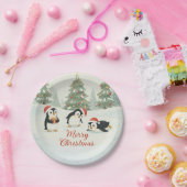 Cute Watercolor Penguins Christmas Forest Pappteller (Party)
