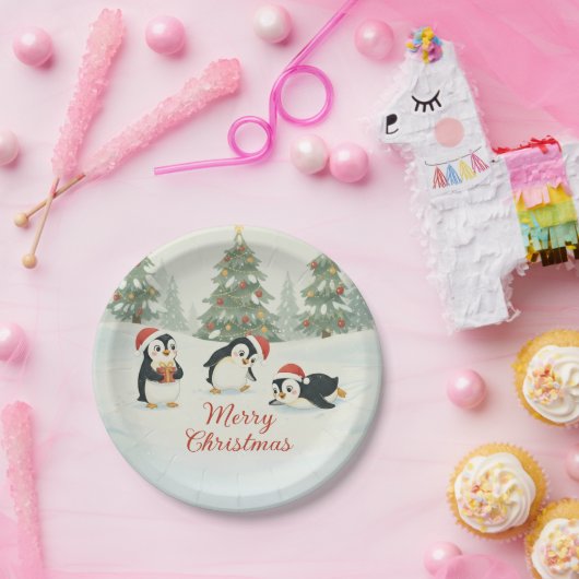Cute Watercolor Penguins Christmas Forest Pappteller (Party)