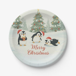 Cute Watercolor Penguins Christmas Forest Pappteller