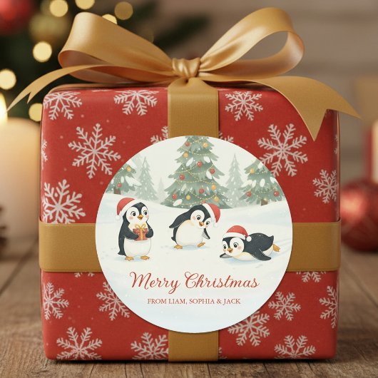 Cute Watercolor Penguins Christmas Forest Runder Aufkleber