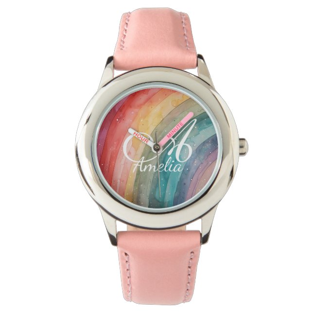Cute Watercolor Personalized Rainbow  Armbanduhr (Vorderseite)