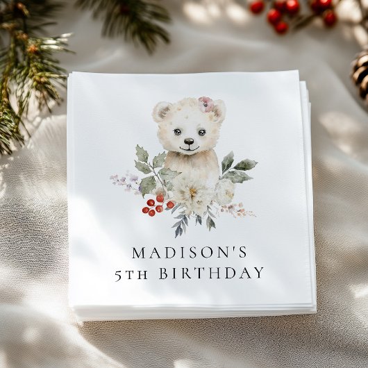 Cute Watercolor Polar Bear Birthday Party Serviette