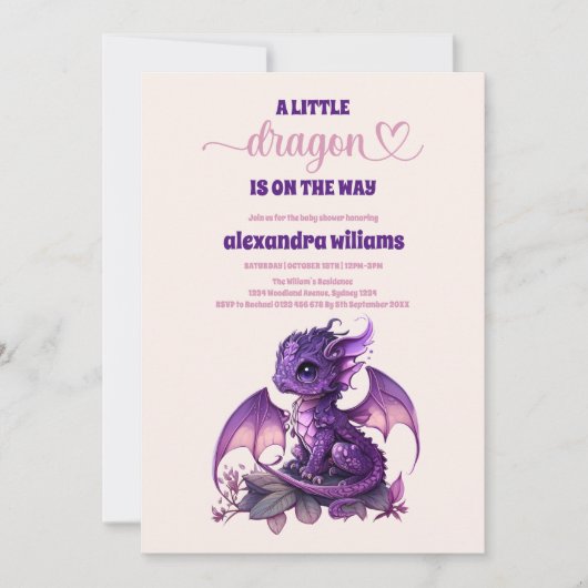 Cute Watercolor Purple Dragon Baby Shower Einladung (Vorderseite)