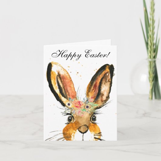 Cute Watercolor Rabbit Bunny Hare Easter Floral Dankeskarte (Vorderseite)