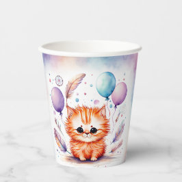 Cute Watercolor Red Kitten Balloons Birthday Pappbecher