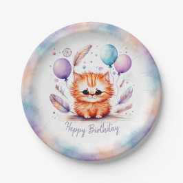 Cute Watercolor Red Kitten Balloons Birthday Pappteller