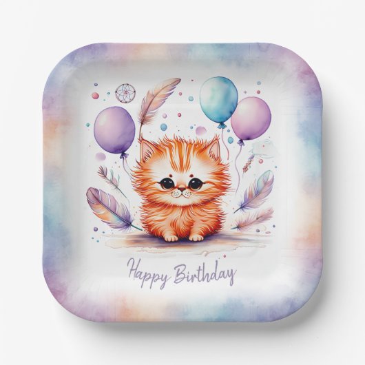 Cute Watercolor Red Kitten Balloons Birthday Pappteller (Vorderseite)