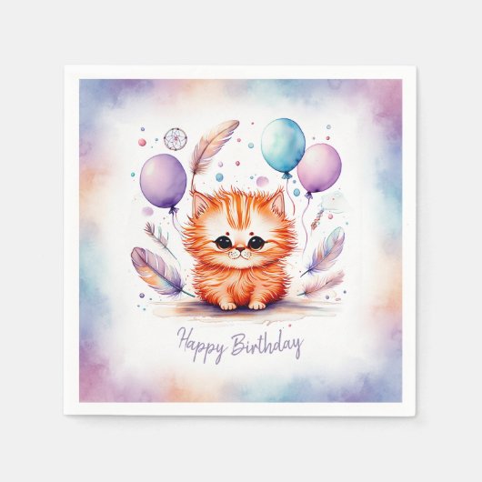 Cute Watercolor Red Kitten Balloons Birthday Serviette (Vorderseite)