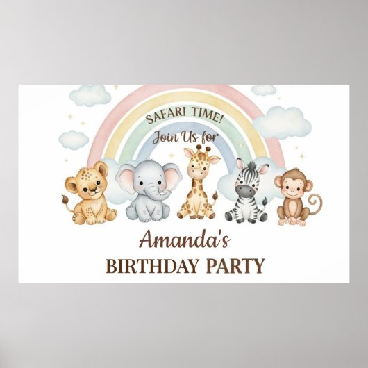 Cute Watercolor Safari Animals Birthday Poster (Vorne)