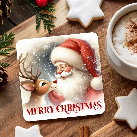 Cute Watercolor Santa Rudolph Christmas Coasters Rechteckiger Pappuntersetzer