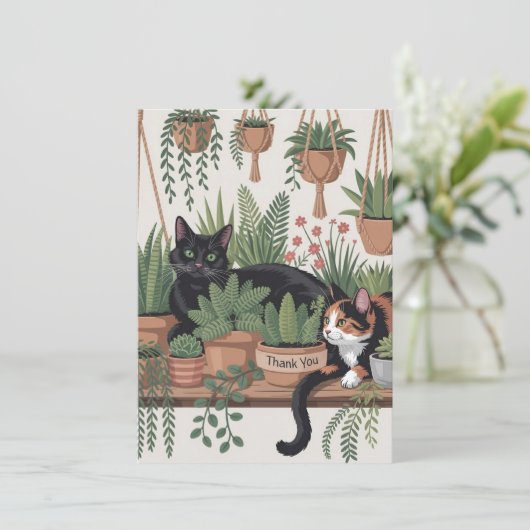 Cute Watercolor Script Botanical Cat Dankeskarte (Stehend Vorderseite)