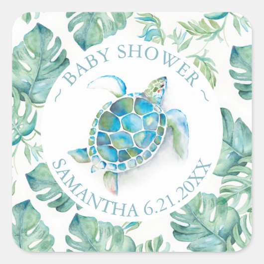 Cute Watercolor Sea Turtle & Greenery Favor Quadratischer Aufkleber (Vorderseite)