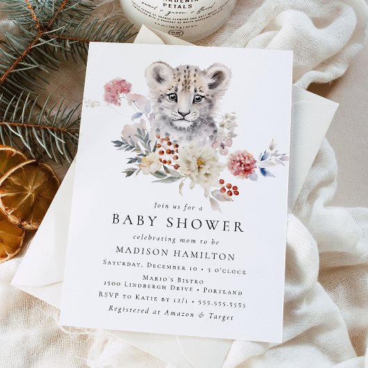 Cute Watercolor Snow Leopard Winter Baby Shower Einladung