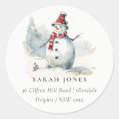 Cute Watercolor Snowman Christmas Address Runder Aufkleber (Vorderseite)