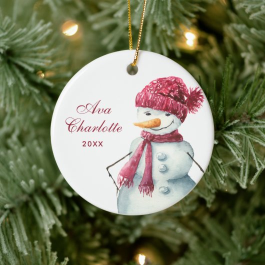 Cute Watercolor Snowman Personalized Girl's Name Keramik Ornament (Baum)