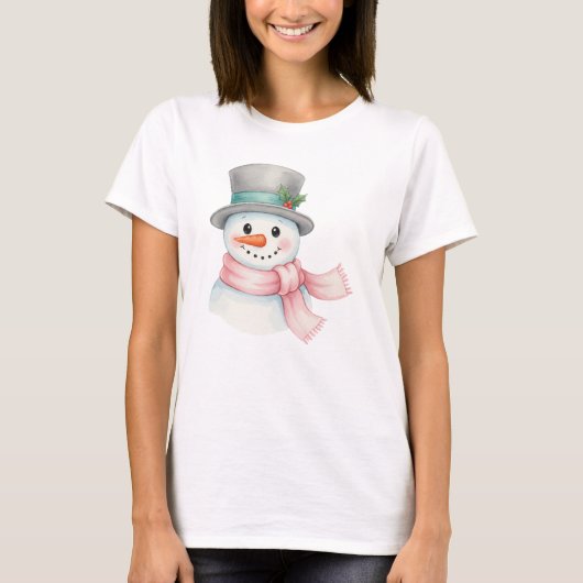 Cute Watercolor Snowman with Pink Scarf Holiday T-Shirt (Vorderseite)
