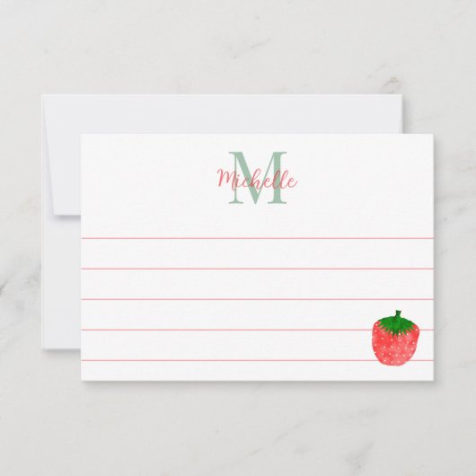 Cute Watercolor Strawberry Custom Lined Monogram Mitteilungskarte (Vorderseite)