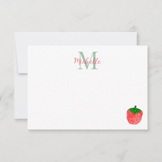 Cute Watercolor Strawberry Custom Monogram Mitteilungskarte (Vorderseite)
