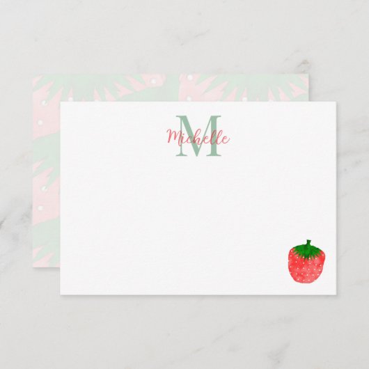 Cute Watercolor Strawberry Personalized Monogram Mitteilungskarte (Vorne/Hinten)