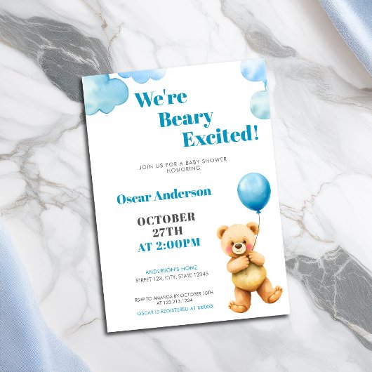 Cute Watercolor Teddy Bear Balloon Baby Shower Einladung
