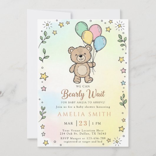 Cute Watercolor Teddy bear Illustration babyshower Einladung (Vorderseite)