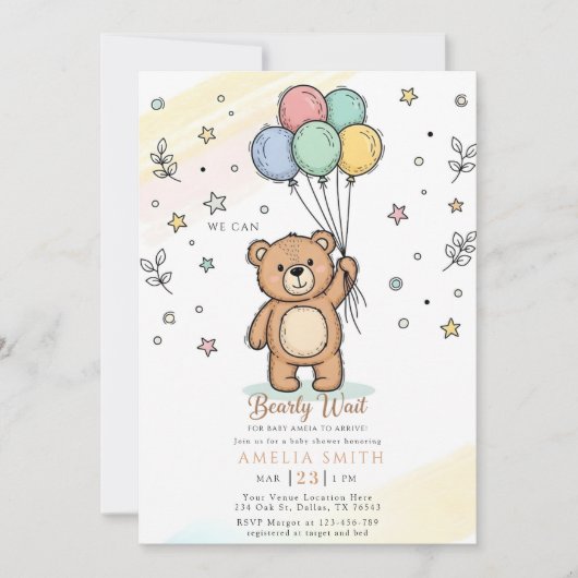 Cute Watercolor Teddy bear Illustration babyshower Einladung (Vorderseite)