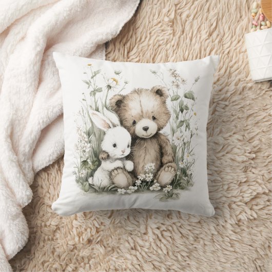 Cute Watercolor Teddy Bear with Rabbit Kissen (Decke)