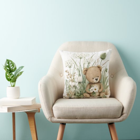 Cute Watercolor Teddy Bear with Wildflowers Kissen (Stuhl )