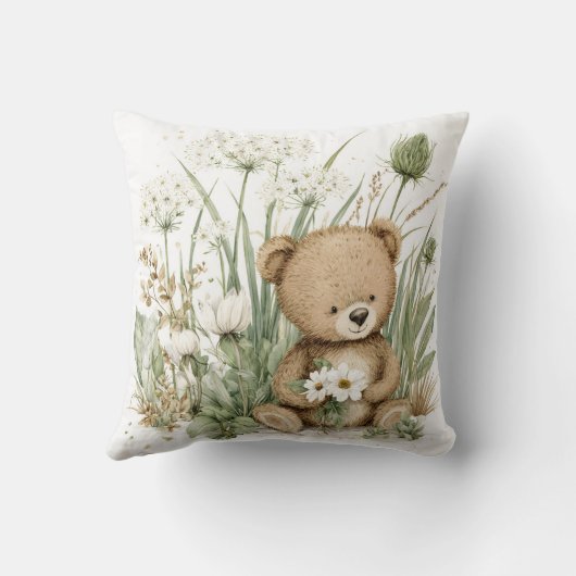 Cute Watercolor Teddy Bear with Wildflowers Kissen (Rückseite)