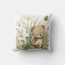 Cute Watercolor Teddy Bear with Wildflowers Kissen