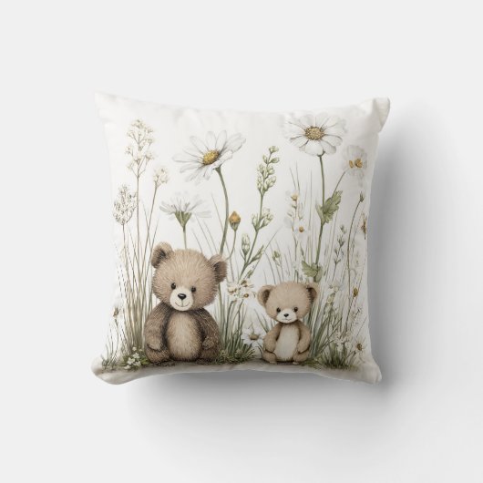 Cute Watercolor Teddy Bear with Wildflowers Kissen (Vorderseite)