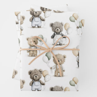 Cute Watercolor Teddy Bears with Balloons Geschenkpapier Set