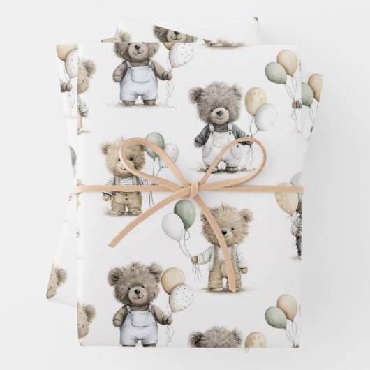 Cute Watercolor Teddy Bears with Balloons Geschenkpapier Set (Beispiel)