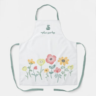 Cute Watercolor Wildflowers with Monogram Apron Schürze
