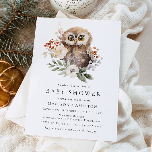 Cute Watercolor Winter Owl Baby Shower Einladung