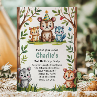 Cute Watercolor Woodland Animals Birthday Einladung