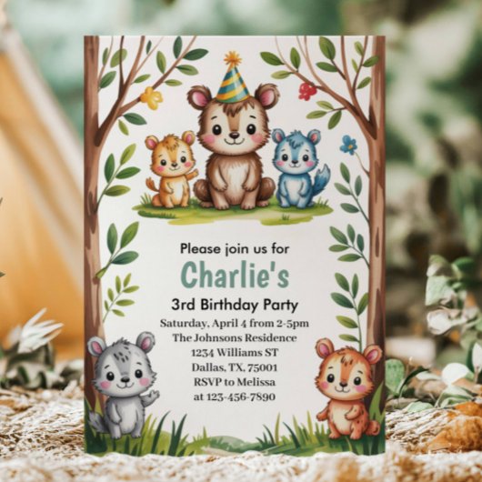 Cute Watercolor Woodland Animals Birthday Einladung