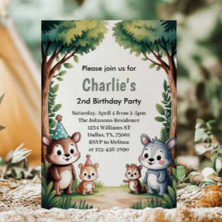 Cute Watercolor Woodland Animals Kids Birthday Einladung