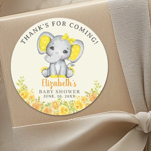  Cute Watercolor Yellow Elephant Baby Shower Runder Aufkleber