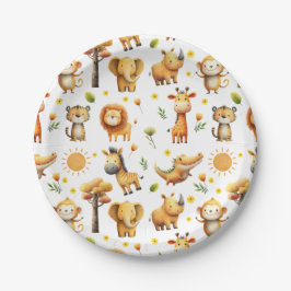 Cute Watercolor ZOO Animals Safari Pattern Festive Pappteller